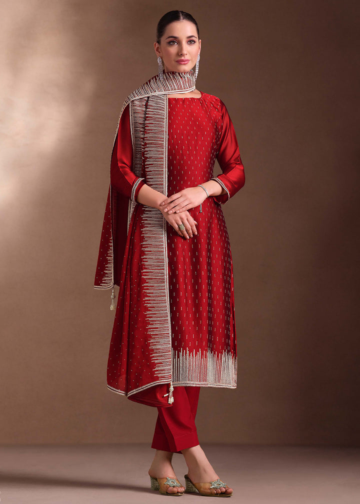 Buy Now Red Two Tone Cottonic Georgette Festive Salwar Suit Online in USA, UK, Canada, Germany, Italy, France, Austria, UAE & Worldwide at Empress Clothing.