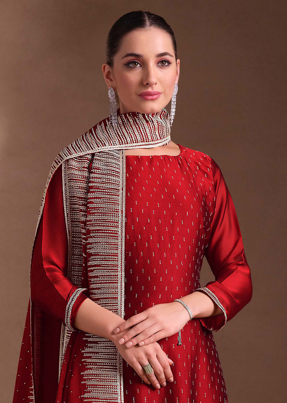 Buy Now Red Two Tone Cottonic Georgette Festive Salwar Suit Online in USA, UK, Canada, Germany, Italy, France, Austria, UAE & Worldwide at Empress Clothing.