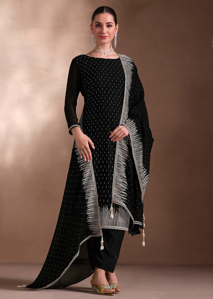 Buy Now Black Two Tone Cottonic Georgette Festive Salwar Suit Online in USA, UK, Canada, Germany, Italy, France, Austria, UAE & Worldwide at Empress Clothing.