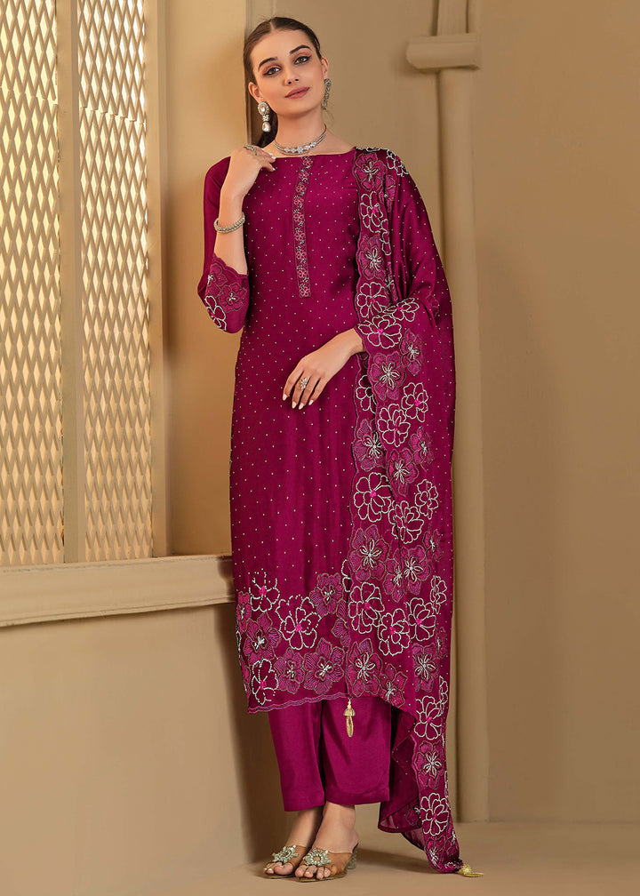 Buy Now Swarovski Embroidered Magenta Trendy Salwar Suit Online in USA, UK, Canada, Germany, Italy, France, Austria, UAE, Qatar & Worldwide at Empress Clothing.