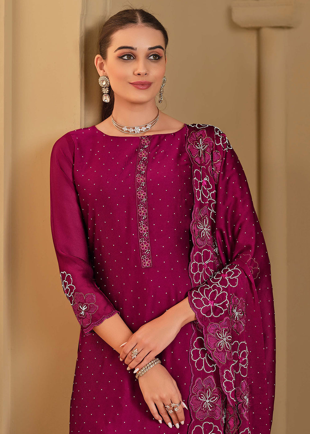 Buy Now Swarovski Embroidered Magenta Trendy Salwar Suit Online in USA, UK, Canada, Germany, Italy, France, Austria, UAE, Qatar & Worldwide at Empress Clothing.