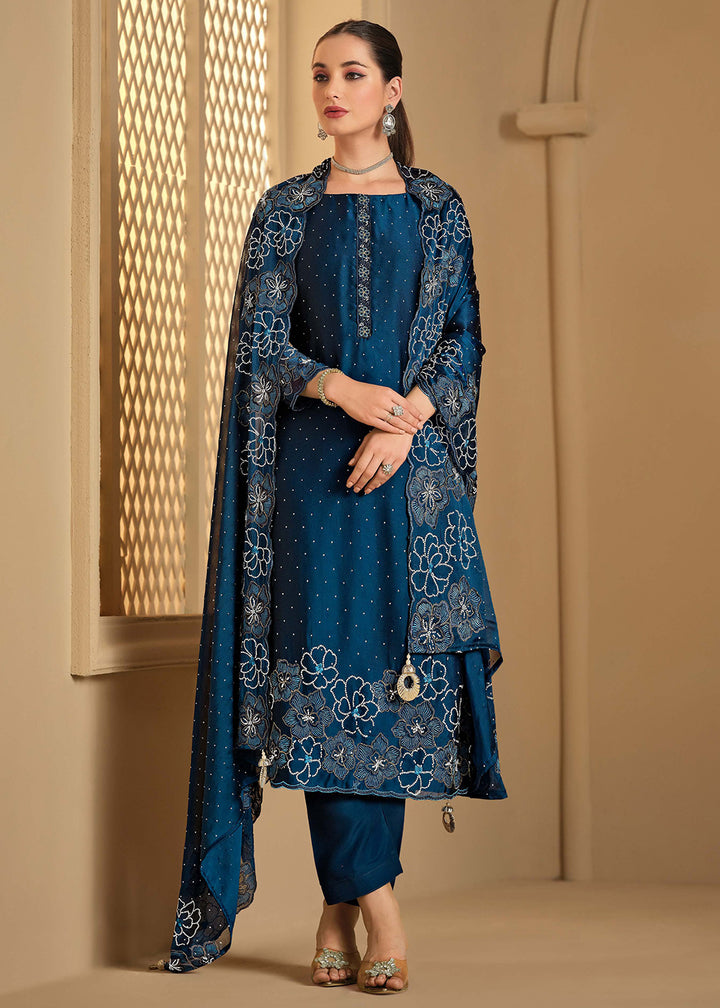 Buy Now Swarovski Embroidered Blue Trendy Salwar Suit Online in USA, UK, Canada, Germany, Italy, France, Austria, UAE, Qatar & Worldwide at Empress Clothing.