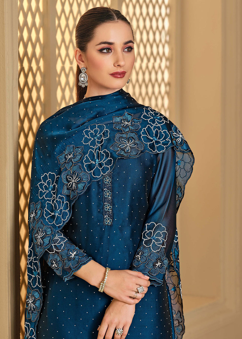 Buy Now Swarovski Embroidered Blue Trendy Salwar Suit Online in USA, UK, Canada, Germany, Italy, France, Austria, UAE, Qatar & Worldwide at Empress Clothing.