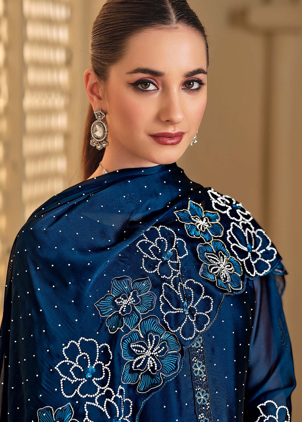 Buy Now Swarovski Embroidered Blue Trendy Salwar Suit Online in USA, UK, Canada, Germany, Italy, France, Austria, UAE, Qatar & Worldwide at Empress Clothing.
