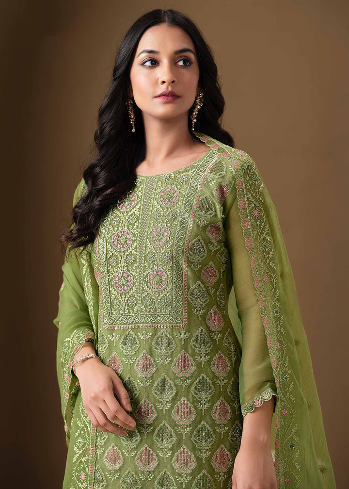 Buy Now Green Lucknowi & Zarkan Embroidered Festive Salwar Suit Online in USA, UK, Canada, Germany, Italy, France, Austria, UAE & Worldwide at Empress Clothing.