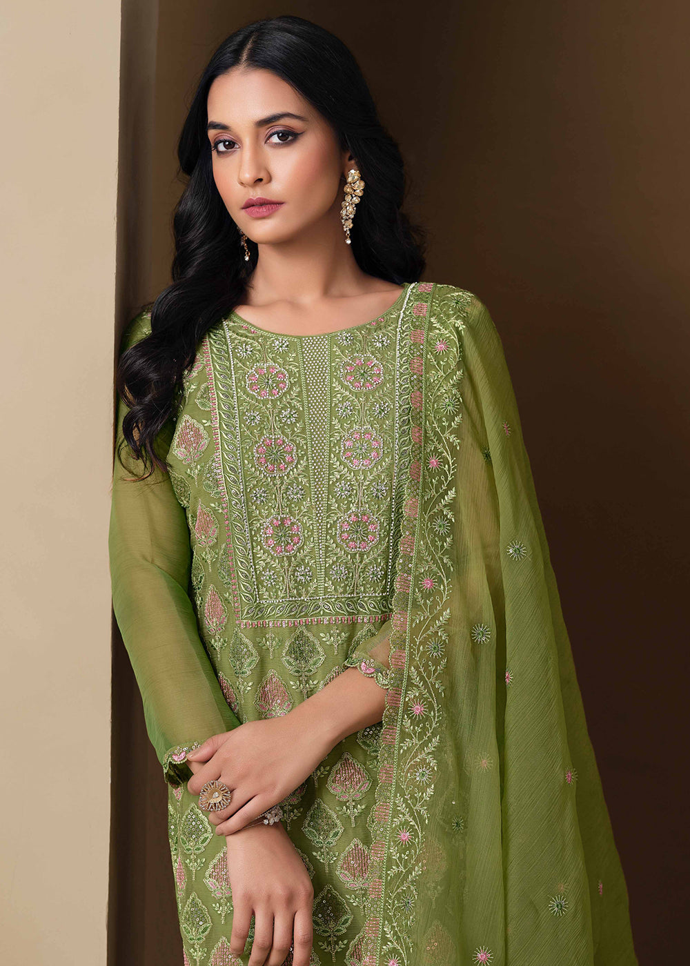Buy Now Green Lucknowi & Zarkan Embroidered Festive Salwar Suit Online in USA, UK, Canada, Germany, Italy, France, Austria, UAE & Worldwide at Empress Clothing.