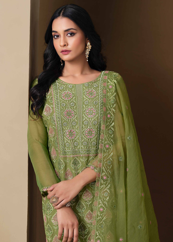 Buy Now Green Lucknowi & Zarkan Embroidered Festive Salwar Suit Online in USA, UK, Canada, Germany, Italy, France, Austria, UAE & Worldwide at Empress Clothing.