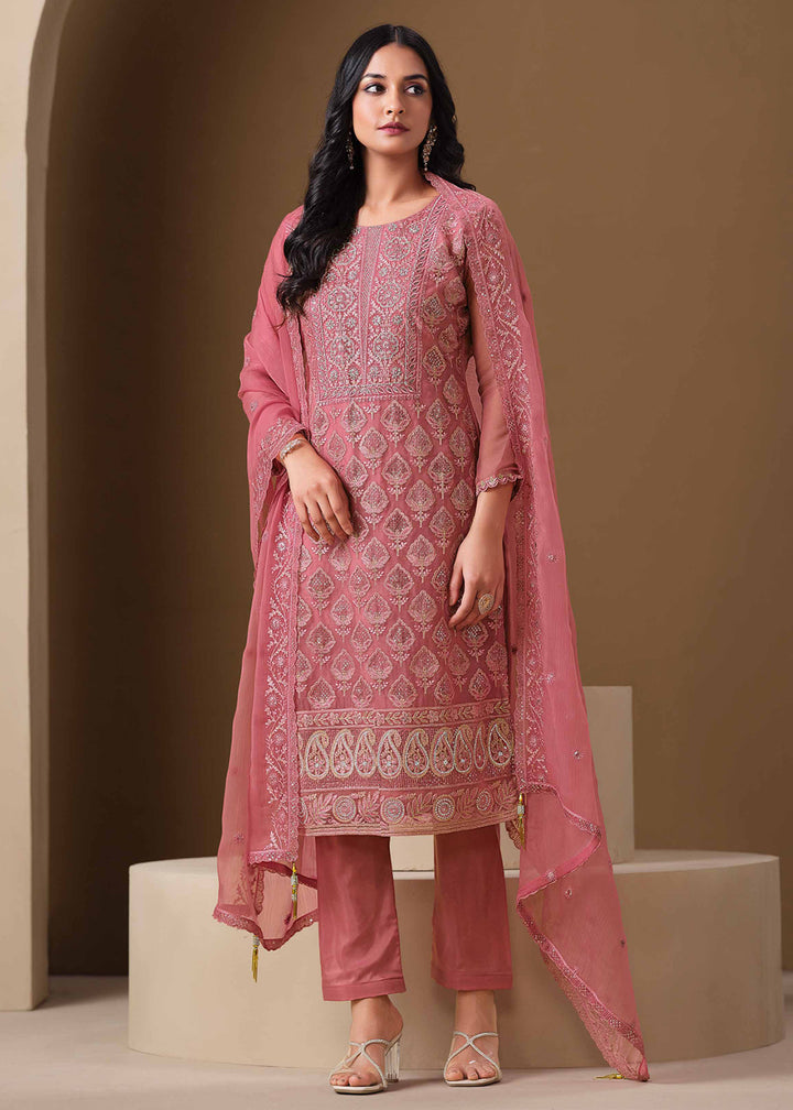 Buy Now Pink Lucknowi & Zarkan Embroidered Festive Salwar Suit Online in USA, UK, Canada, Germany, Italy, France, Austria, UAE & Worldwide at Empress Clothing.
