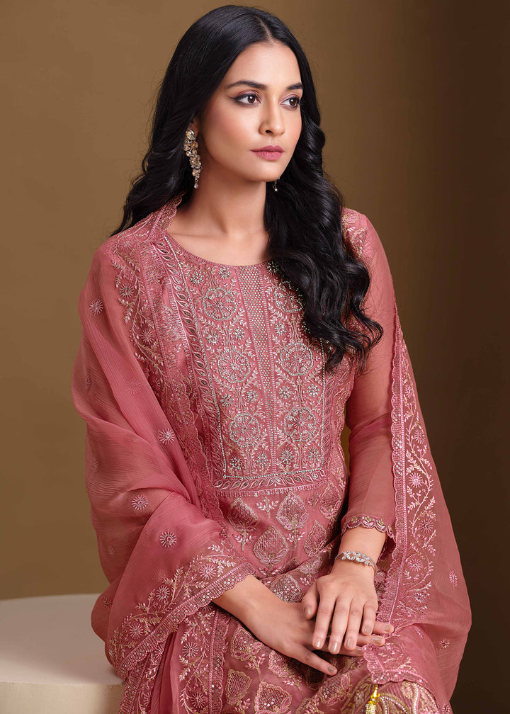 Buy Now Pink Lucknowi & Zarkan Embroidered Festive Salwar Suit Online in USA, UK, Canada, Germany, Italy, France, Austria, UAE & Worldwide at Empress Clothing.