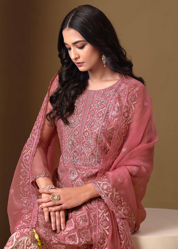 Buy Now Pink Lucknowi & Zarkan Embroidered Festive Salwar Suit Online in USA, UK, Canada, Germany, Italy, France, Austria, UAE & Worldwide at Empress Clothing.