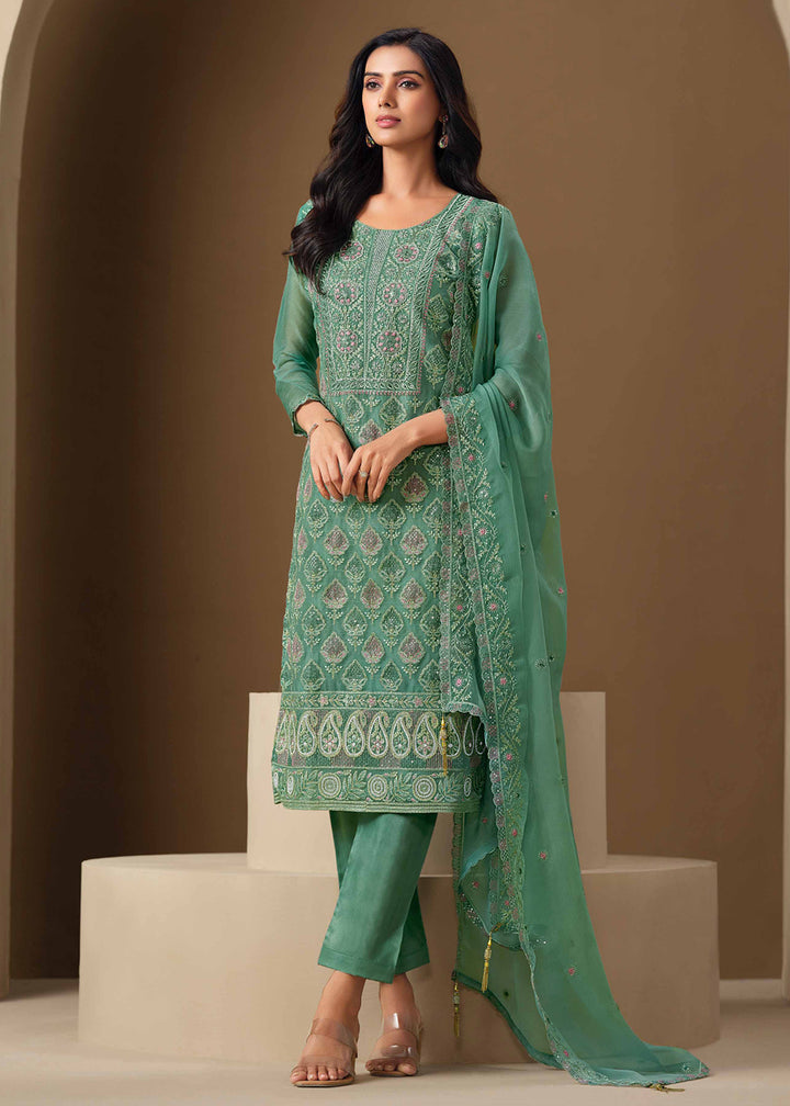 Buy Now Teal Lucknowi & Zarkan Embroidered Festive Salwar Suit Online in USA, UK, Canada, Germany, Italy, France, Austria, UAE & Worldwide at Empress Clothing.