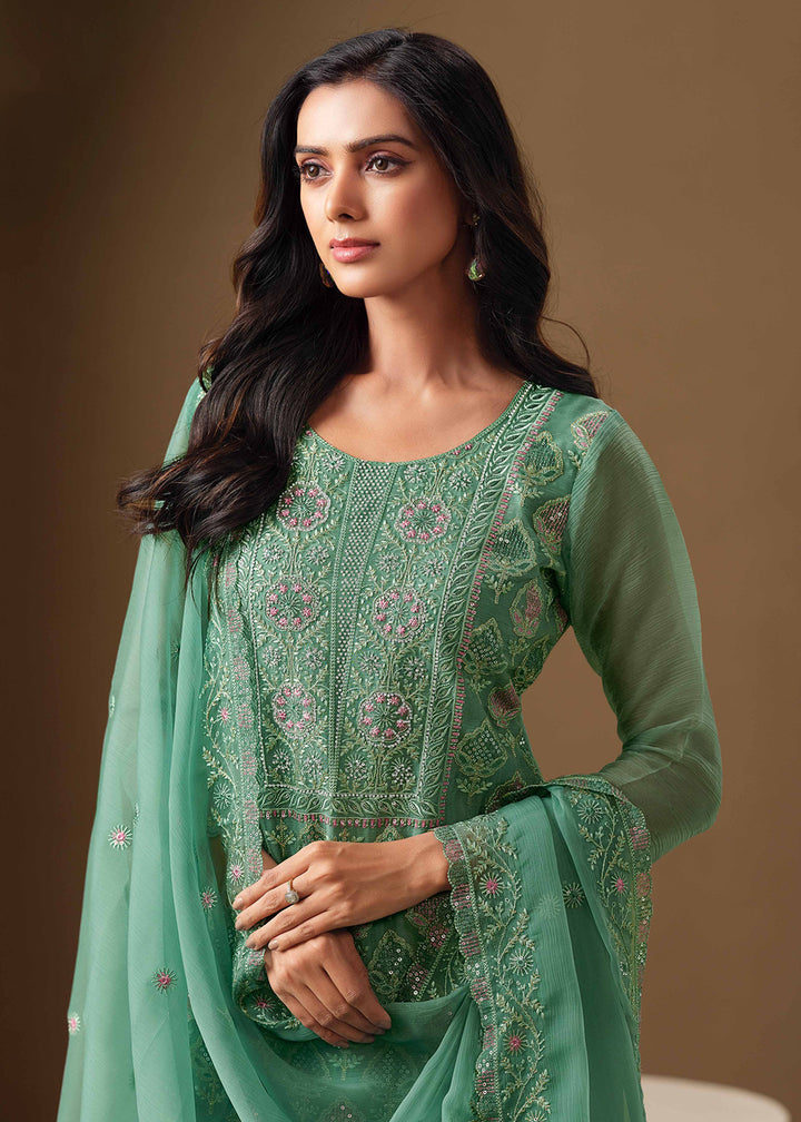 Buy Now Teal Lucknowi & Zarkan Embroidered Festive Salwar Suit Online in USA, UK, Canada, Germany, Italy, France, Austria, UAE & Worldwide at Empress Clothing.