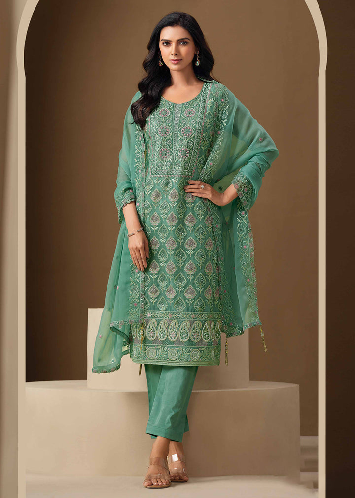 Buy Now Teal Lucknowi & Zarkan Embroidered Festive Salwar Suit Online in USA, UK, Canada, Germany, Italy, France, Austria, UAE & Worldwide at Empress Clothing.