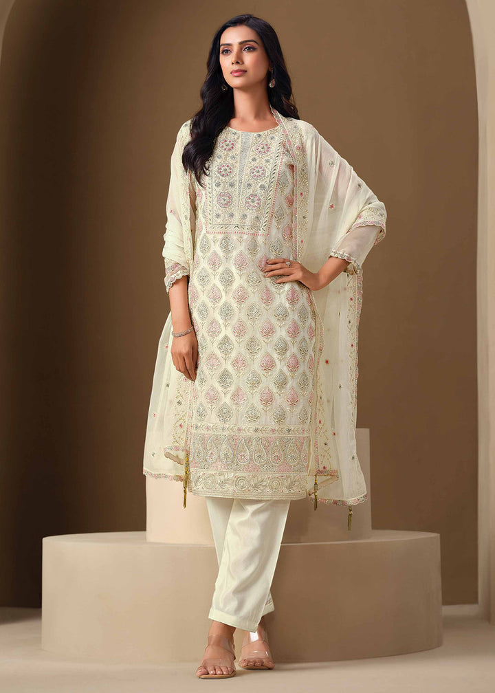 Buy Now Off White Lucknowi & Zarkan Embroidered Festive Salwar Suit Online in USA, UK, Canada, Germany, Italy, France, Austria & Worldwide at Empress Clothing.