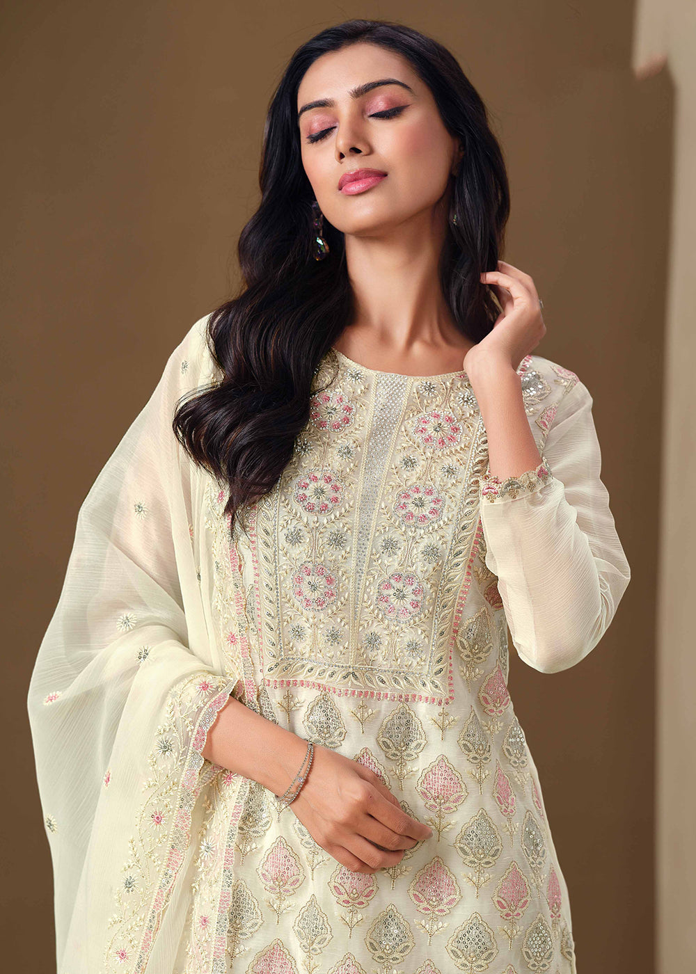 Buy Now Off White Lucknowi & Zarkan Embroidered Festive Salwar Suit Online in USA, UK, Canada, Germany, Italy, France, Austria & Worldwide at Empress Clothing.