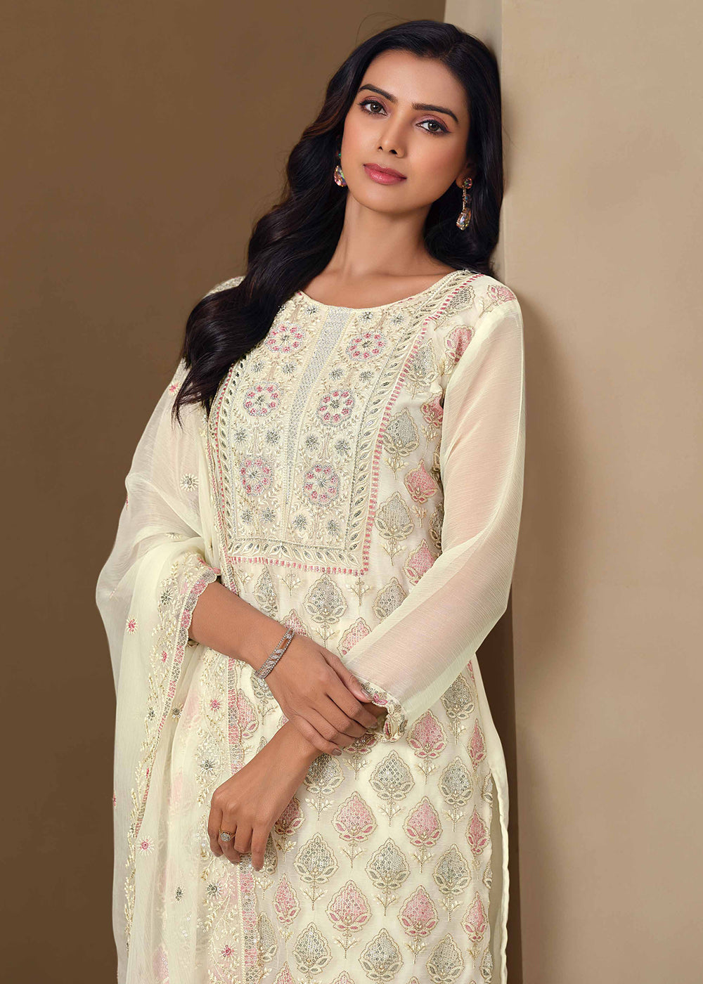 Buy Now Off White Lucknowi & Zarkan Embroidered Festive Salwar Suit Online in USA, UK, Canada, Germany, Italy, France, Austria & Worldwide at Empress Clothing.