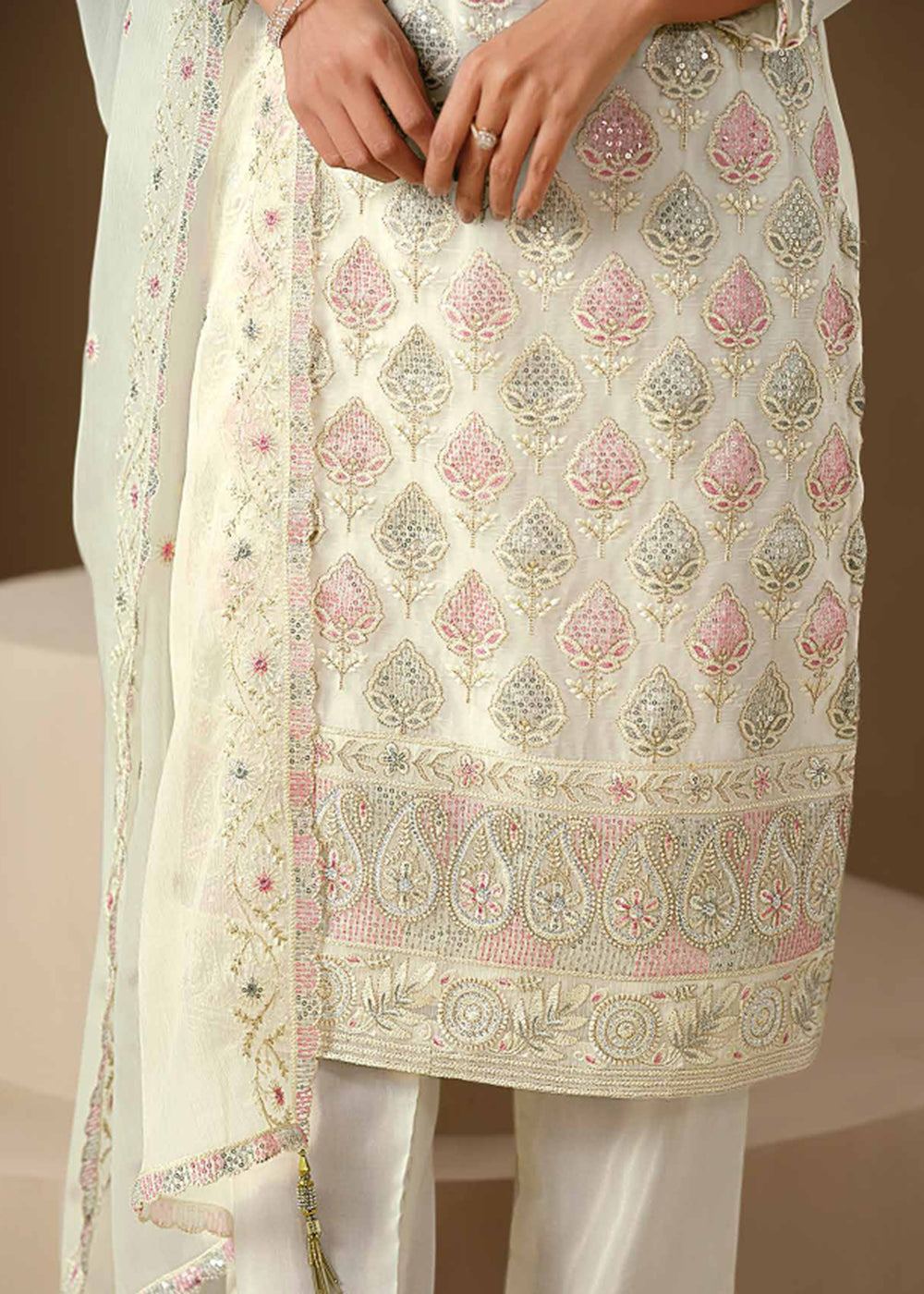 Buy Now Off White Lucknowi & Zarkan Embroidered Festive Salwar Suit Online in USA, UK, Canada, Germany, Italy, France, Austria & Worldwide at Empress Clothing.