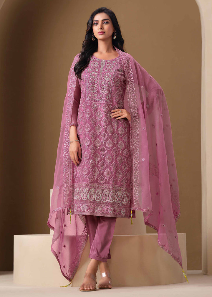Buy Now Onion Pink Lucknowi & Zarkan Embroidered Festive Salwar Suit Online in USA, UK, Canada, Germany, Italy, France, Austria & Worldwide at Empress Clothing.