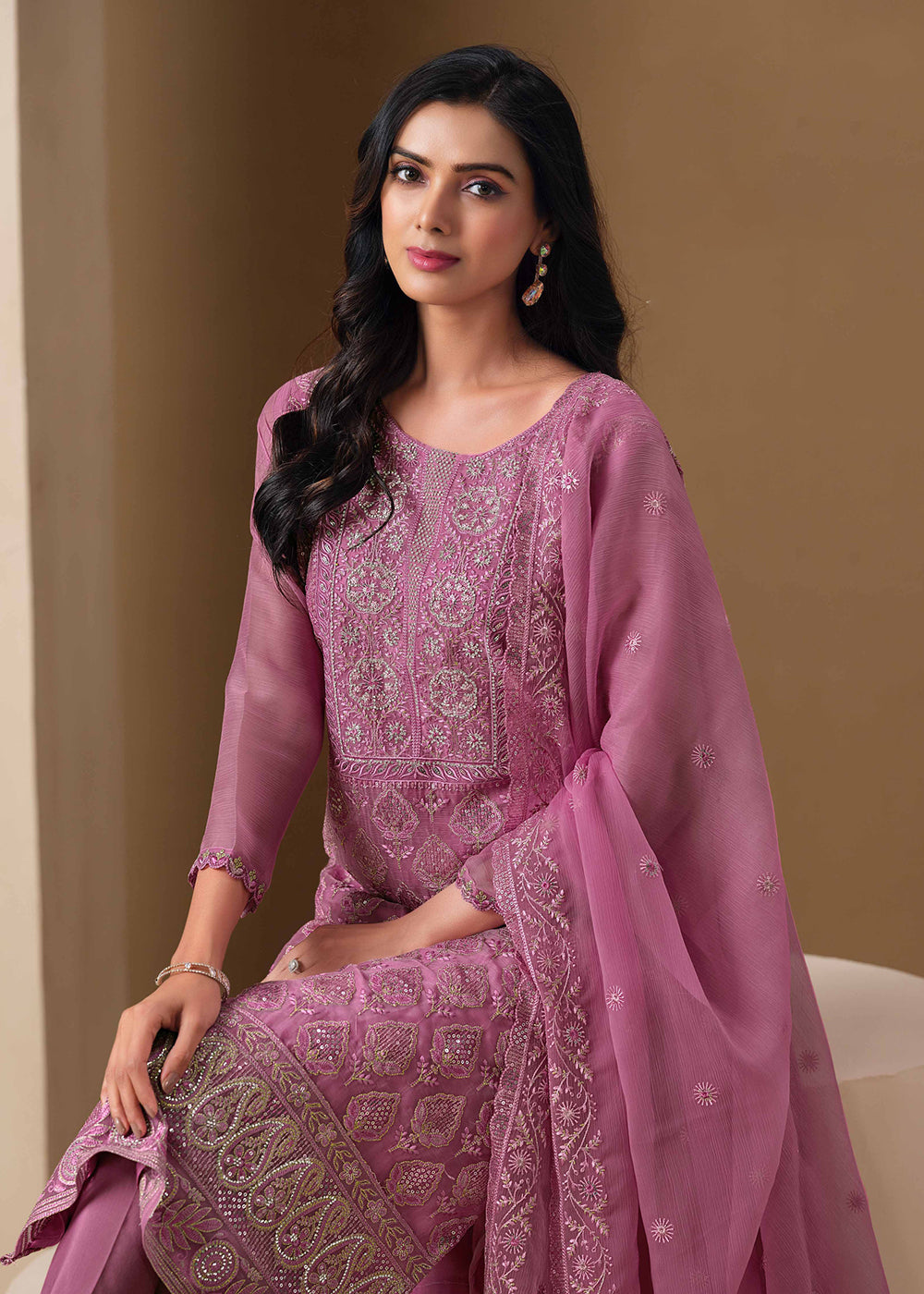 Buy Now Onion Pink Lucknowi & Zarkan Embroidered Festive Salwar Suit Online in USA, UK, Canada, Germany, Italy, France, Austria & Worldwide at Empress Clothing.