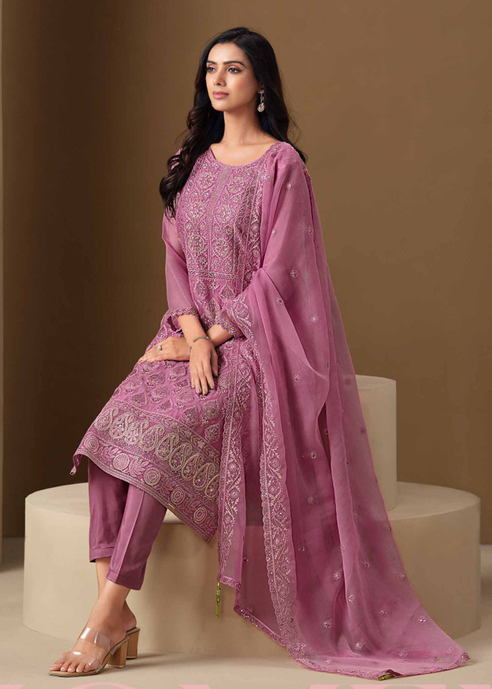 Buy Now Onion Pink Lucknowi & Zarkan Embroidered Festive Salwar Suit Online in USA, UK, Canada, Germany, Italy, France, Austria & Worldwide at Empress Clothing.
