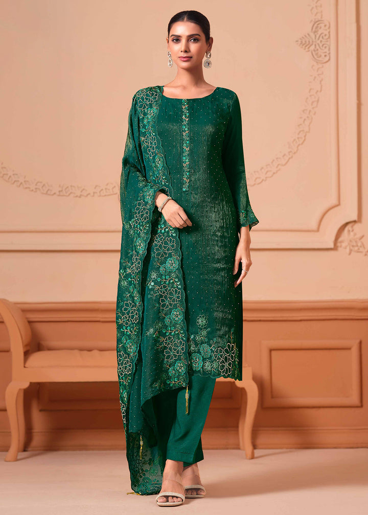 Buy Now Pant Style Embroidered Green Festive Wear Salwar Suit Online in USA, UK, Canada, Germany, Italy, France, Austria, UAE & Worldwide at Empress Clothing.