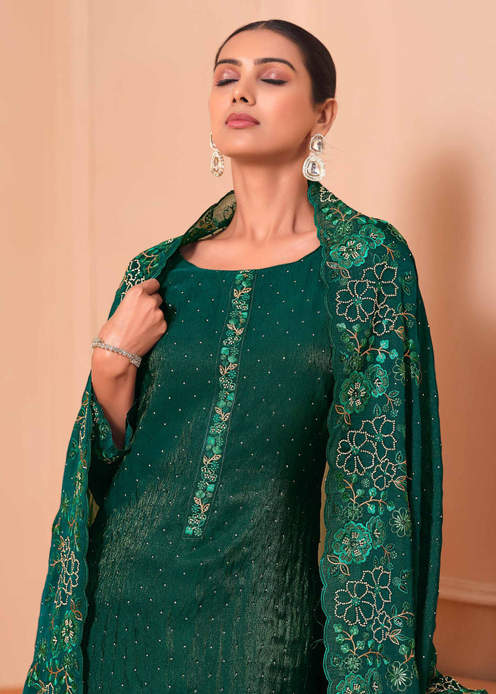 Buy Now Pant Style Embroidered Green Festive Wear Salwar Suit Online in USA, UK, Canada, Germany, Italy, France, Austria, UAE & Worldwide at Empress Clothing.