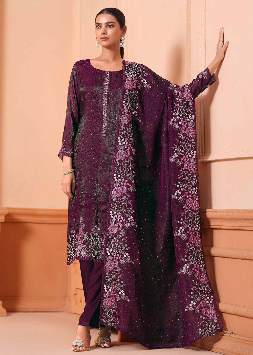 Buy Now Pant Style Embroidered Wine Festive Wear Salwar Suit Online in USA, UK, Canada, Germany, Italy, France, Austria, UAE & Worldwide at Empress Clothing.