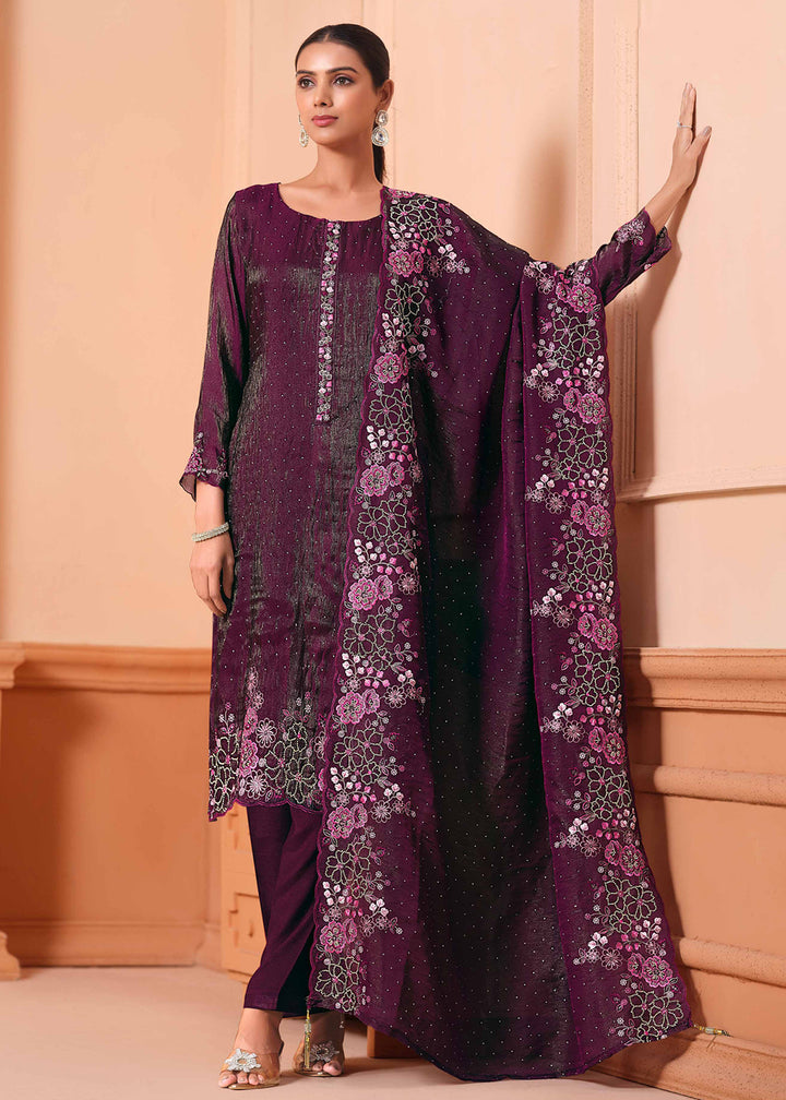 Buy Now Pant Style Embroidered Wine Festive Wear Salwar Suit Online in USA, UK, Canada, Germany, Italy, France, Austria, UAE & Worldwide at Empress Clothing.
