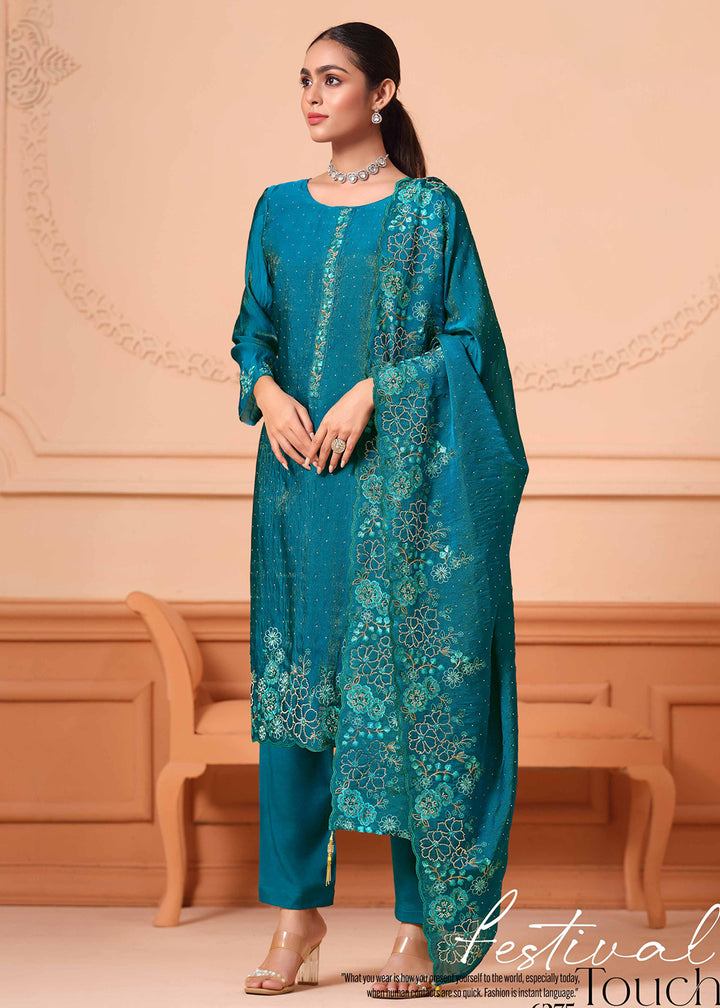 Buy Now Pant Style Embroidered Teal Festive Wear Salwar Suit Online in USA, UK, Canada, Germany, Italy, France, Austria, UAE & Worldwide at Empress Clothing.