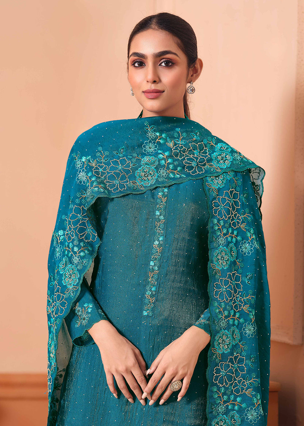 Buy Now Pant Style Embroidered Teal Festive Wear Salwar Suit Online in USA, UK, Canada, Germany, Italy, France, Austria, UAE & Worldwide at Empress Clothing.