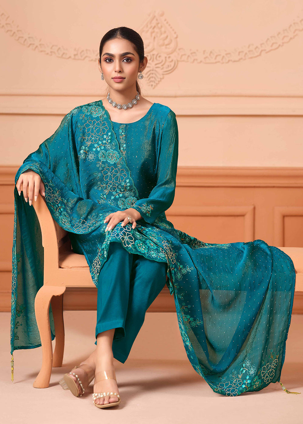 Buy Now Pant Style Embroidered Teal Festive Wear Salwar Suit Online in USA, UK, Canada, Germany, Italy, France, Austria, UAE & Worldwide at Empress Clothing.
