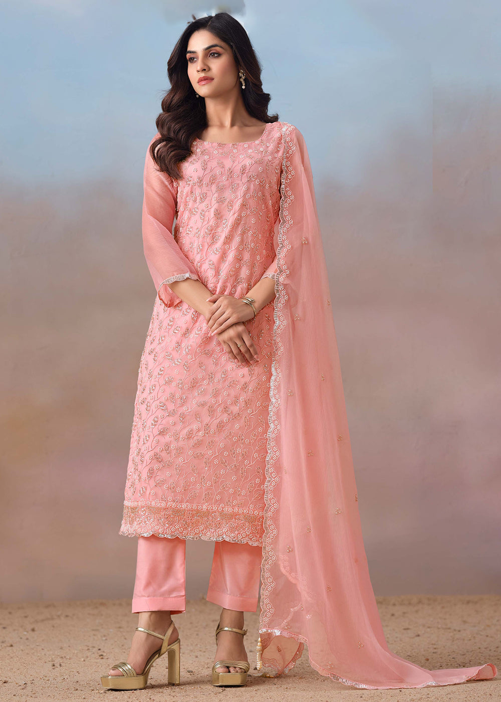 Buy Now Pink Festive Style Beads Work Chiffon Salwar Suit Online in USA, UK, Canada, Germany, Italy, France, Austria, UAE & Worldwide at Empress Clothing.