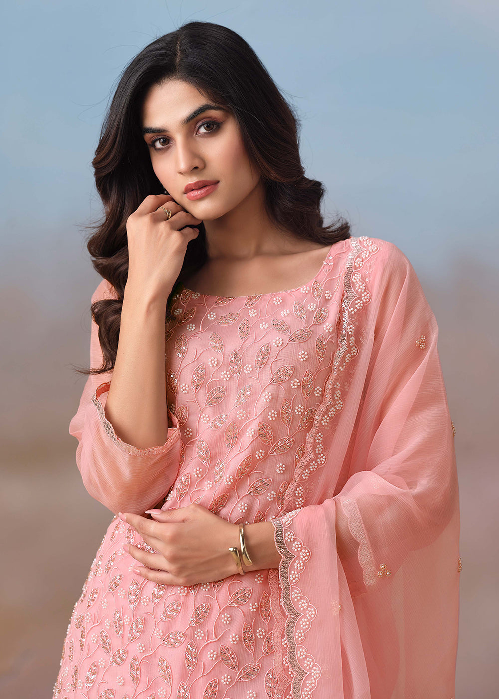 Buy Now Pink Festive Style Beads Work Chiffon Salwar Suit Online in USA, UK, Canada, Germany, Italy, France, Austria, UAE & Worldwide at Empress Clothing.