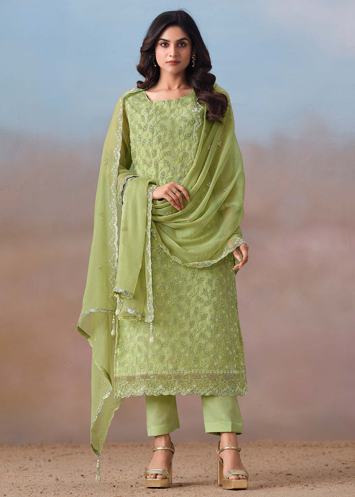 Buy Now Green Festive Style Beads Work Chiffon Salwar Suit Online in USA, UK, Canada, Germany, Italy, France, Austria, UAE & Worldwide at Empress Clothing.