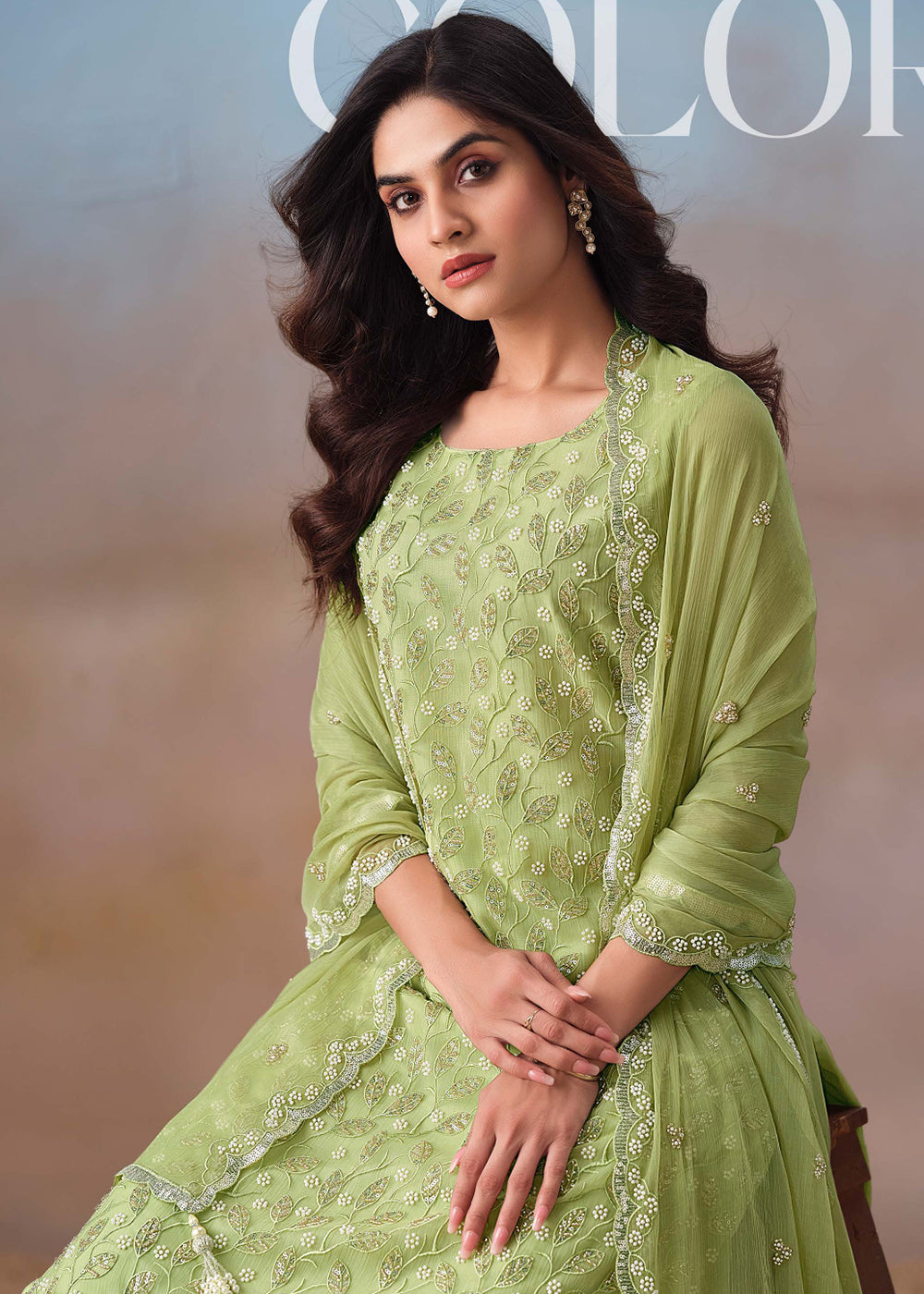 Buy Now Green Festive Style Beads Work Chiffon Salwar Suit Online in USA, UK, Canada, Germany, Italy, France, Austria, UAE & Worldwide at Empress Clothing.