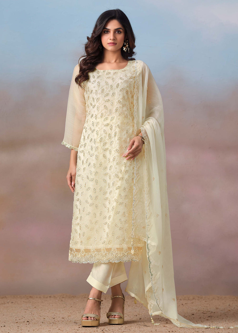 Buy Now Off White Festive Style Beads Work Chiffon Salwar Suit Online in USA, UK, Canada, Germany, Italy, France, Austria, UAE & Worldwide at Empress Clothing.