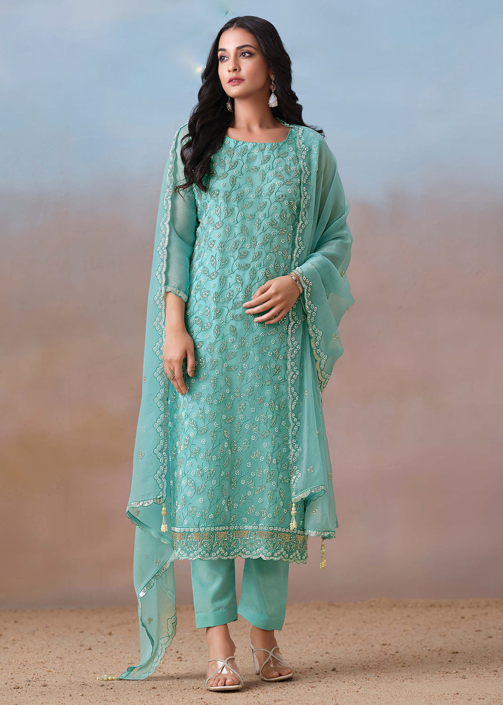 Buy Now Blue Festive Style Beads Work Chiffon Salwar Suit Online in USA, UK, Canada, Germany, Italy, France, Austria, UAE & Worldwide at Empress Clothing.