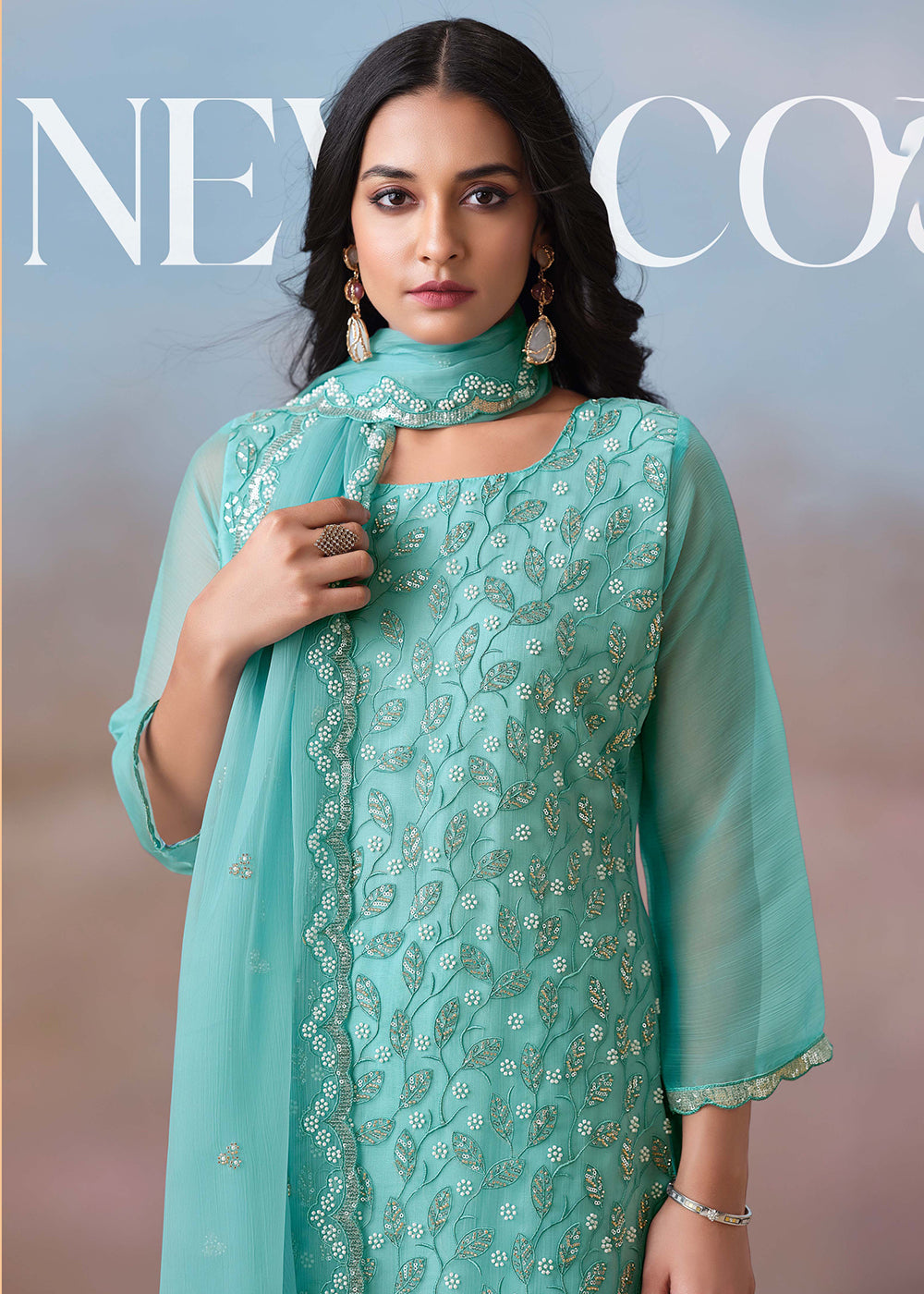 Buy Now Blue Festive Style Beads Work Chiffon Salwar Suit Online in USA, UK, Canada, Germany, Italy, France, Austria, UAE & Worldwide at Empress Clothing.