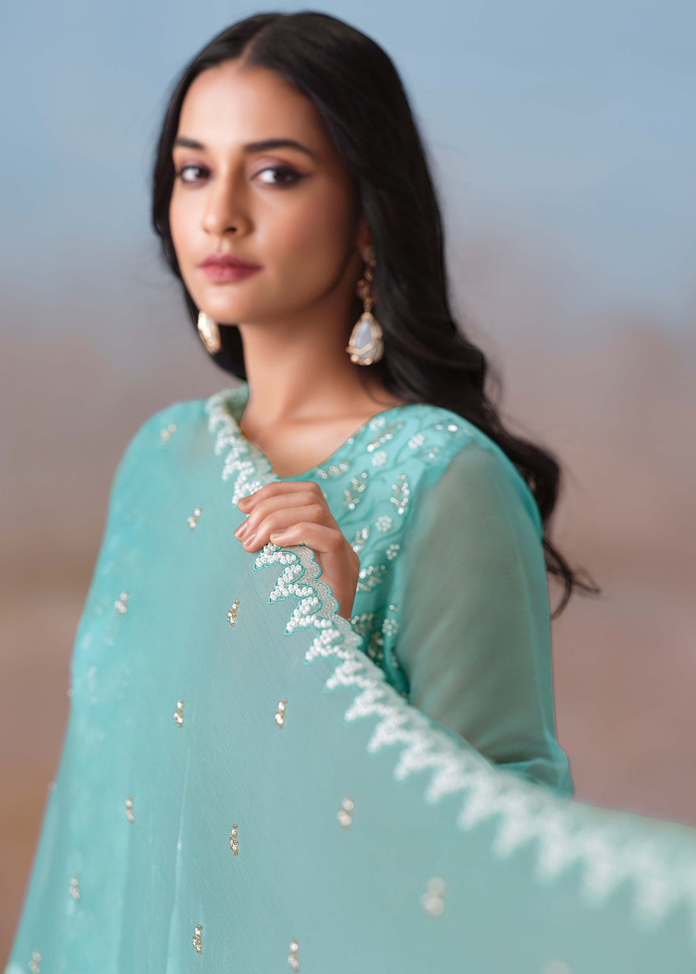 Buy Now Blue Festive Style Beads Work Chiffon Salwar Suit Online in USA, UK, Canada, Germany, Italy, France, Austria, UAE & Worldwide at Empress Clothing.