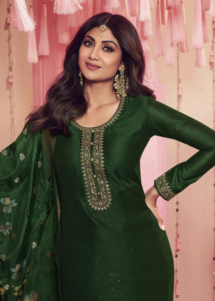 Buy Now Shilpa Shetty Dark Green Mehndi Wear Salwar Suit Online in USA, UK, Canada, Germany, Australia & Worldwide at Empress Clothing. 
