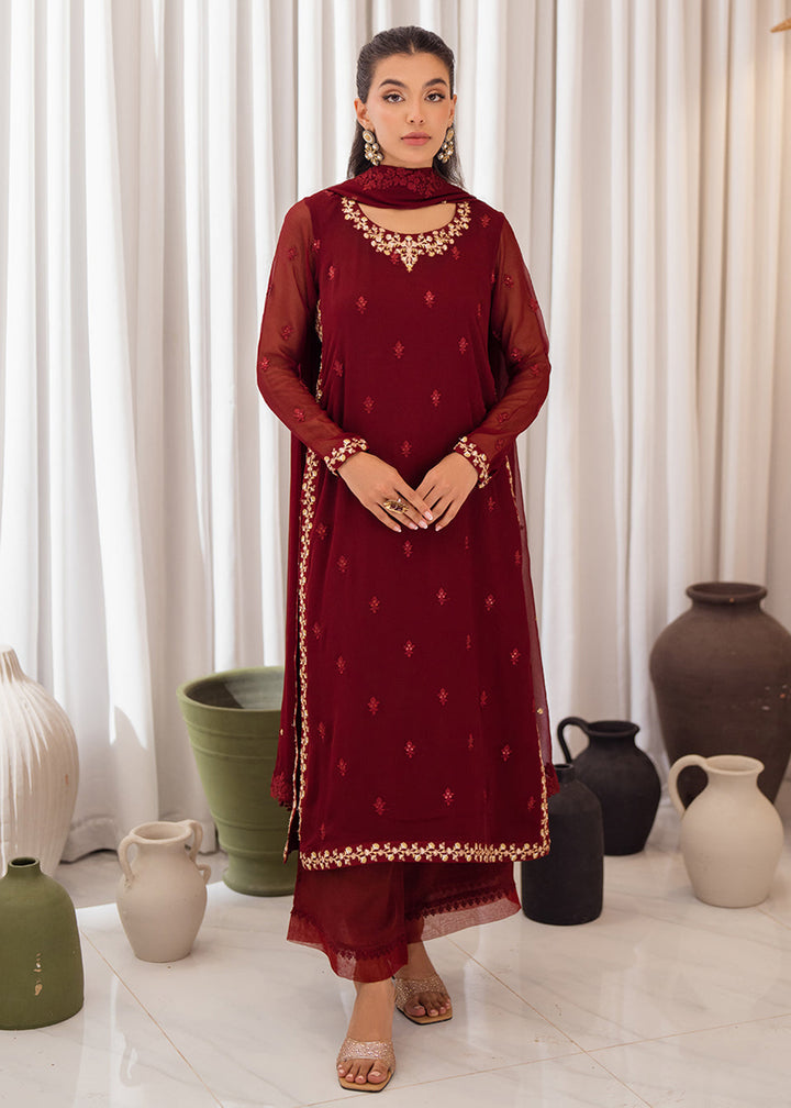 Buy Now 3 Pcs Embroidered Luxury Chiffon Formals '24 by Azure | Wine Scarlet Online at Empress Online in USA, UK, Canada & Worldwide at Empress Clothing.