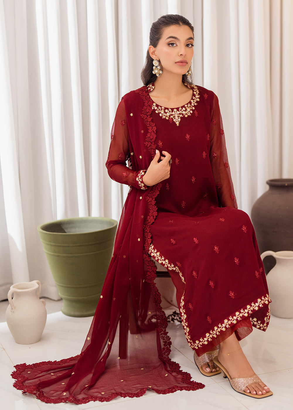 Buy Now 3 Pcs Embroidered Luxury Chiffon Formals '24 by Azure | Wine Scarlet Online at Empress Online in USA, UK, Canada & Worldwide at Empress Clothing.