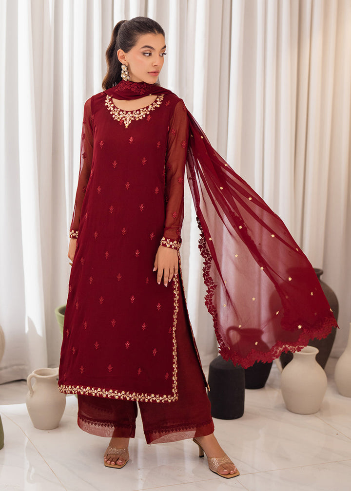 Buy Now 3 Pcs Embroidered Luxury Chiffon Formals '24 by Azure | Wine Scarlet Online at Empress Online in USA, UK, Canada & Worldwide at Empress Clothing.