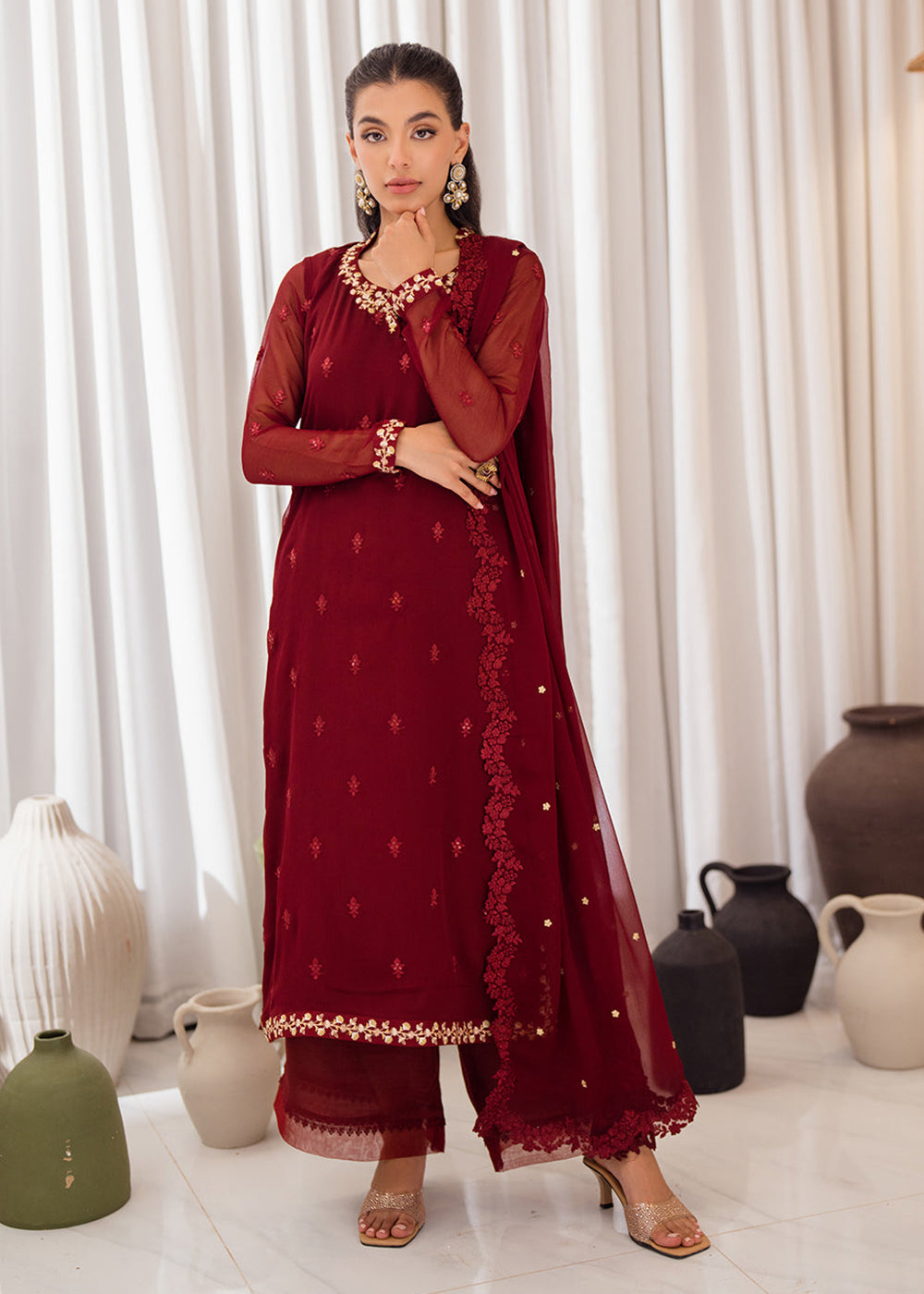 Buy Now 3 Pcs Embroidered Luxury Chiffon Formals '24 by Azure | Wine Scarlet Online at Empress Online in USA, UK, Canada & Worldwide at Empress Clothing.