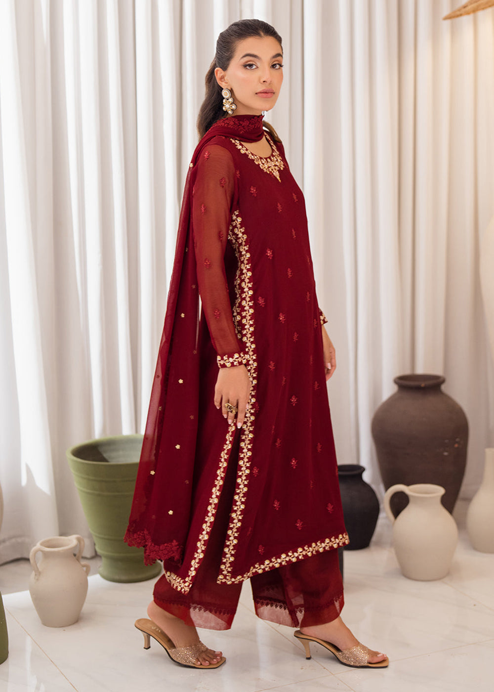 Buy Now 3 Pcs Embroidered Luxury Chiffon Formals '24 by Azure | Wine Scarlet Online at Empress Online in USA, UK, Canada & Worldwide at Empress Clothing.