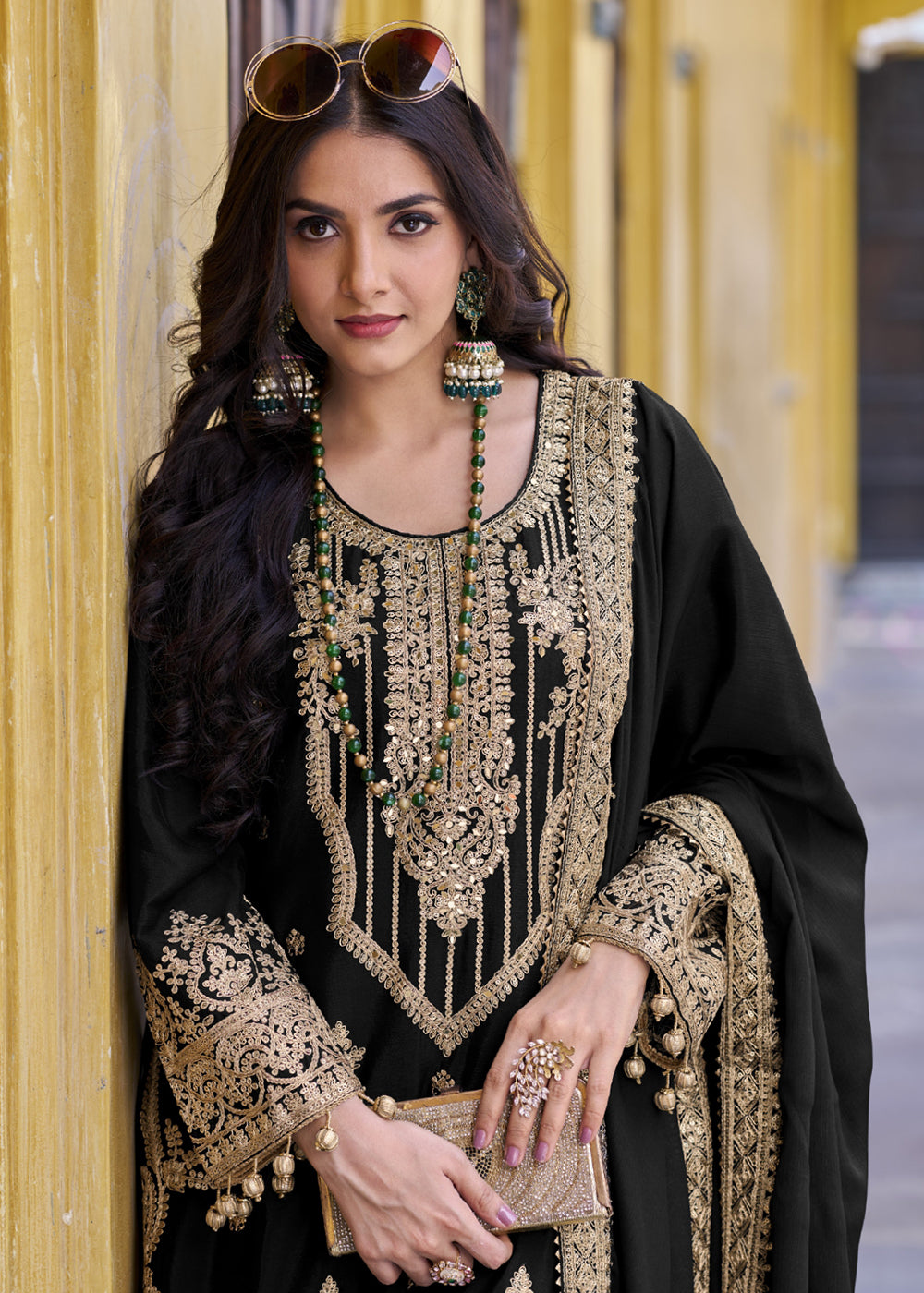 Buy Now Black Semi Pure Chinnon Embroidered Wedding Palazzo Suit Online in USA, UK, Canada, Germany, Australia & Worldwide at Empress Clothing.