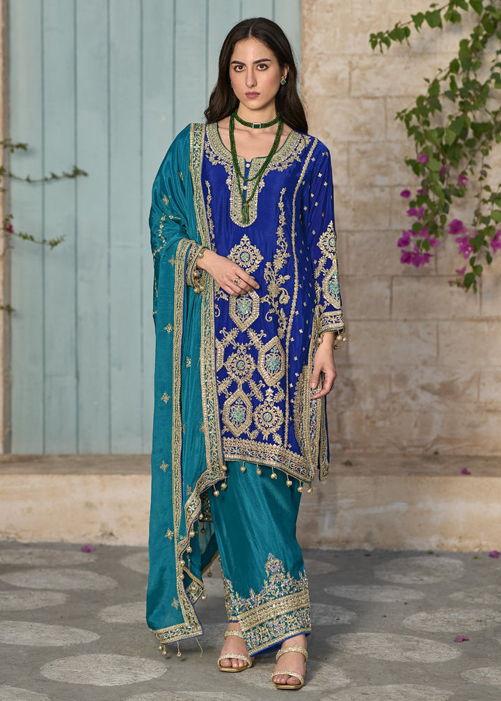 Buy Now Blue & Teal Pure Chinnon Embroidered Afghani Style Dress Online in USA, UK, Canada, Germany, Australia & Worldwide at Empress Clothing. 