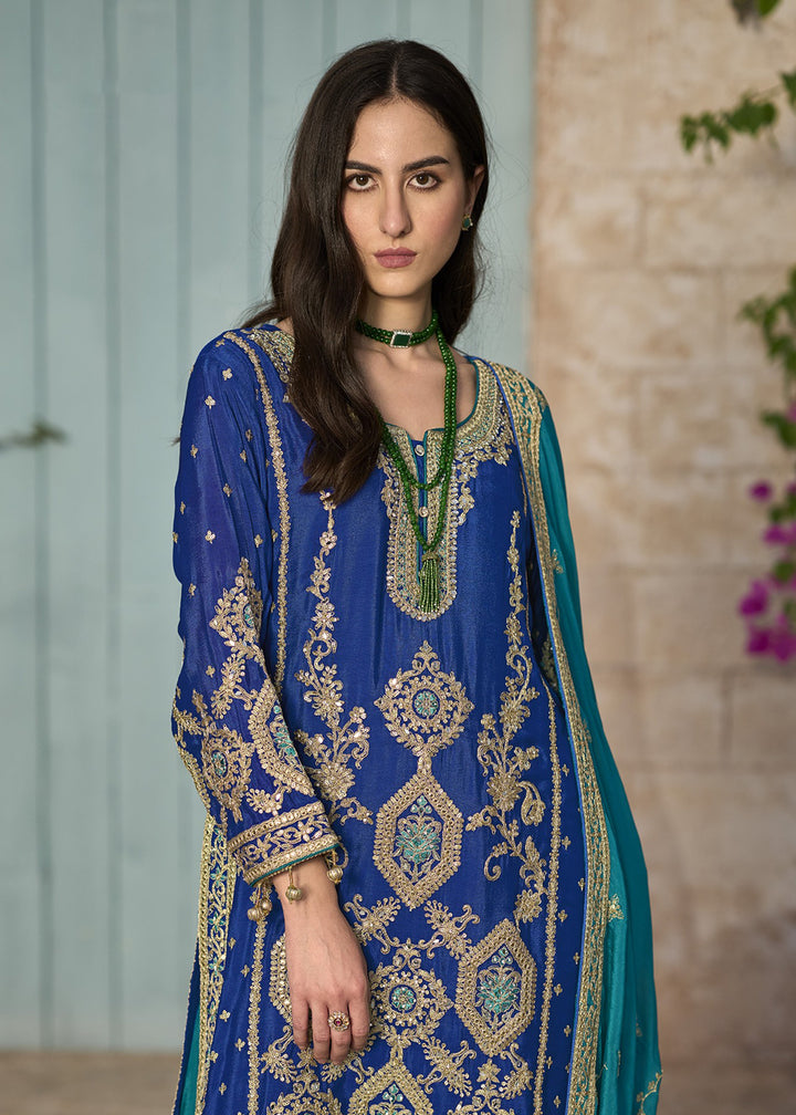 Buy Now Blue & Teal Pure Chinnon Embroidered Afghani Style Dress Online in USA, UK, Canada, Germany, Australia & Worldwide at Empress Clothing. 