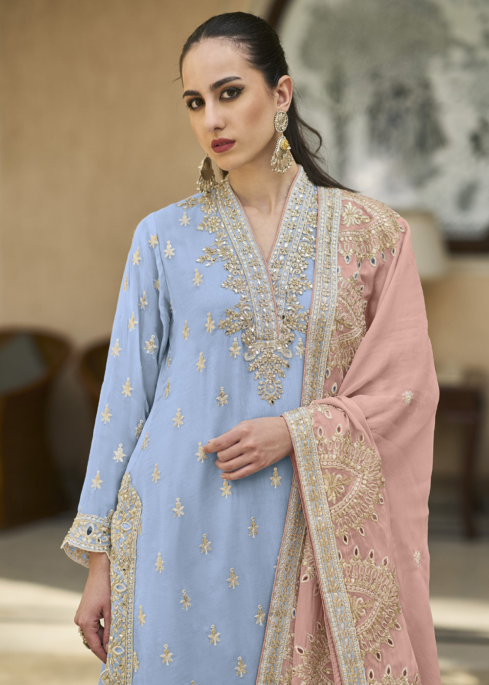 Buy Now Powder Blue Semi Chiffon Pakistani Style Palazzo Suit Online in USA, UK, Canada, Germany, Australia & Worldwide at Empress Clothing.