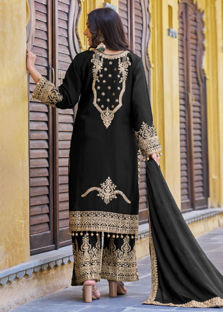 Buy Now Black Semi Pure Chinnon Embroidered Wedding Palazzo Suit Online in USA, UK, Canada, Germany, Australia & Worldwide at Empress Clothing.